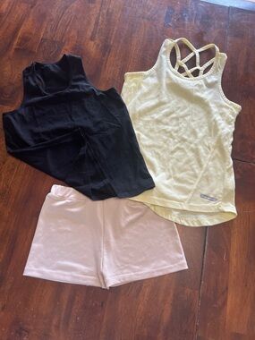 Light Yellow Strappy Tank + Black Tank & Light Pink Shorts Set size 10 girls